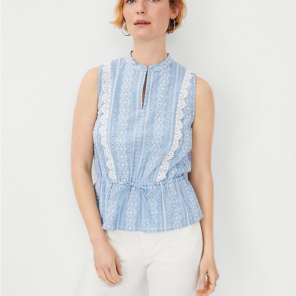 ANN TAYLOR•chambray lace tie front sleeveless popover top Medium NWT - Picture 2 of 5